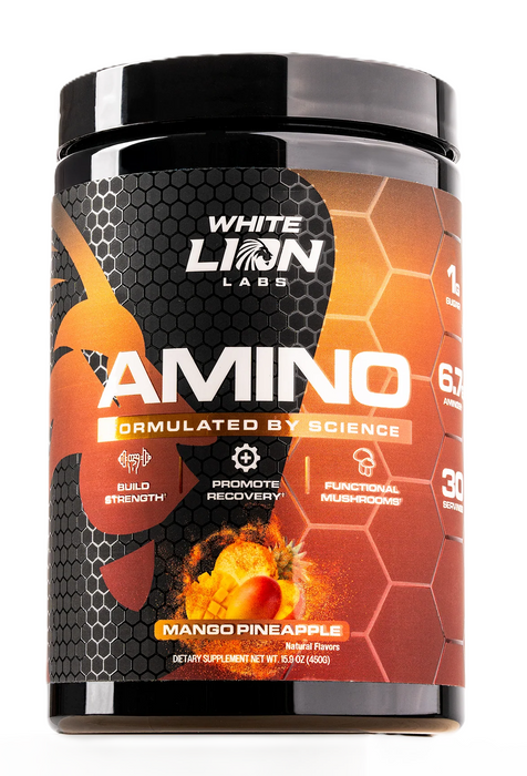 White Lion Labs Amino Premium EAA Blend Mango Pineapple for hydration and muscle recovery