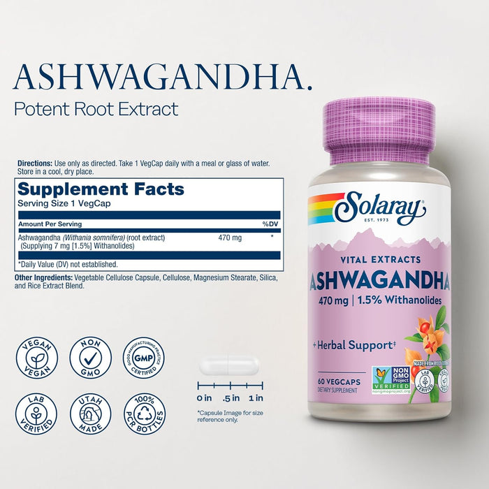 Solaray ProSorb Ashwagandha supplement facts label with 35% withanolide glycosides