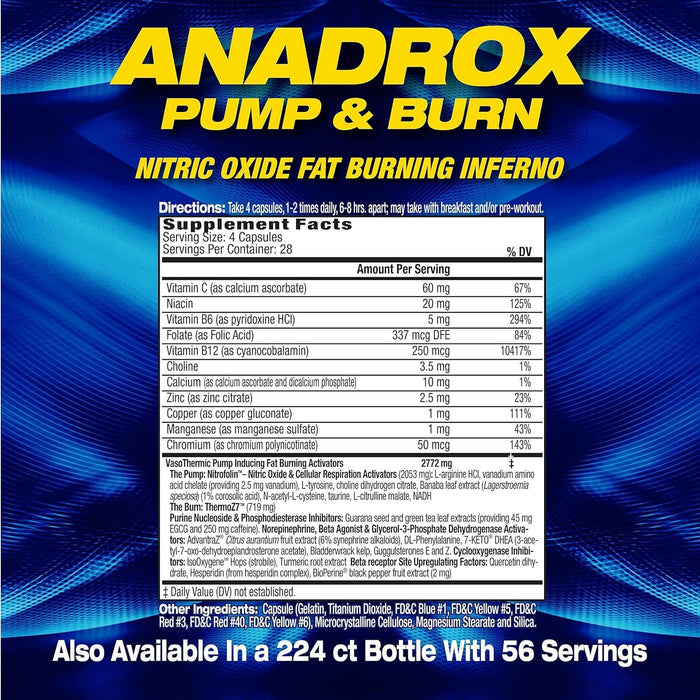 MHP Anadrox Pump & Burn Supplement Facts & Ingredients Label 112 Capsules - Tigerfitness.com