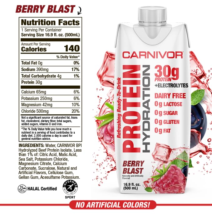 MuscleMeds Carnivor Protein Hydration RTD 12 Pack, Berry Blast | Supplement Facts & Ingredients Label | Tigerfitness.com