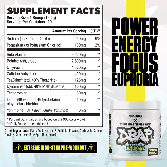 Axe & Sledge DBAP Extreme Pre-Workout V2 Supplement Facts Label Blue Raspberry Lemonade Tigerfitness.com