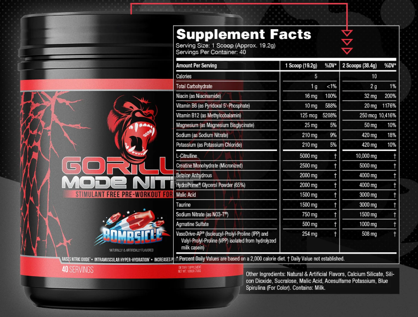 Gorilla Mind Gorilla Mode Nitric Bombsicle Supplement Facts and Ingredients Label | TigerFitness