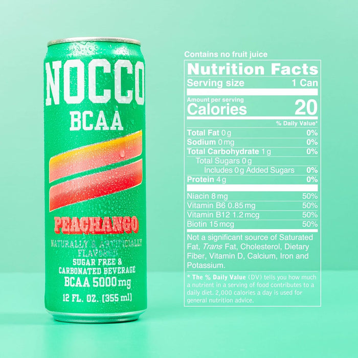 NOCCO BCAA RTD Peachango Nutrition Facts and Ingredients Label – Caffeine-Free Amino Drink