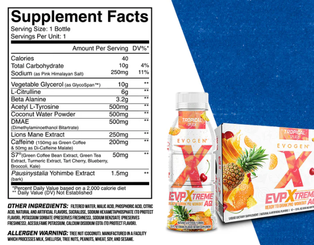 Evogen Nutrition EVP Xtreme AQ RTD Pre-Workout Supplement Facts Tropical Splash | TigerFitness.com