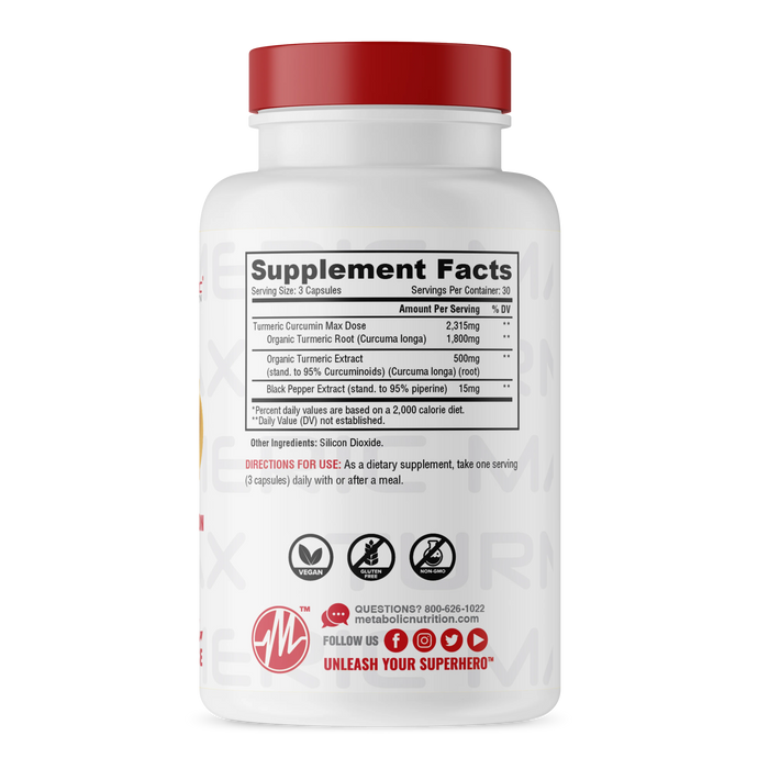 Metabolic Nutrition Turmeric Max Supplement Facts & Ingredients Label 90 Capsules  – Joint, Mobility & Recovery Support Formula | TigerFitness