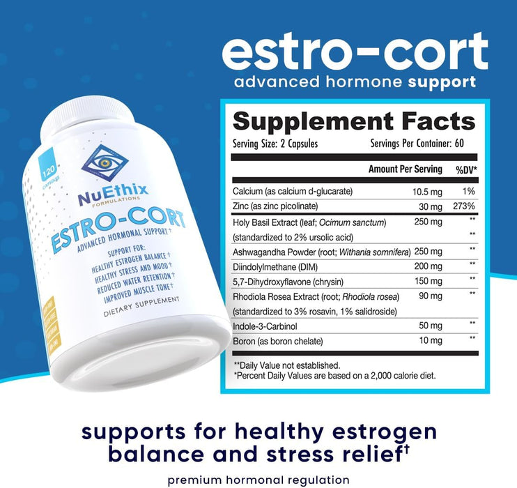 NuEthix Estro-Cort Supplement Facts & Ingredients Label for Hormone & Stress Support 120 Capsules | Tigerfitness.com