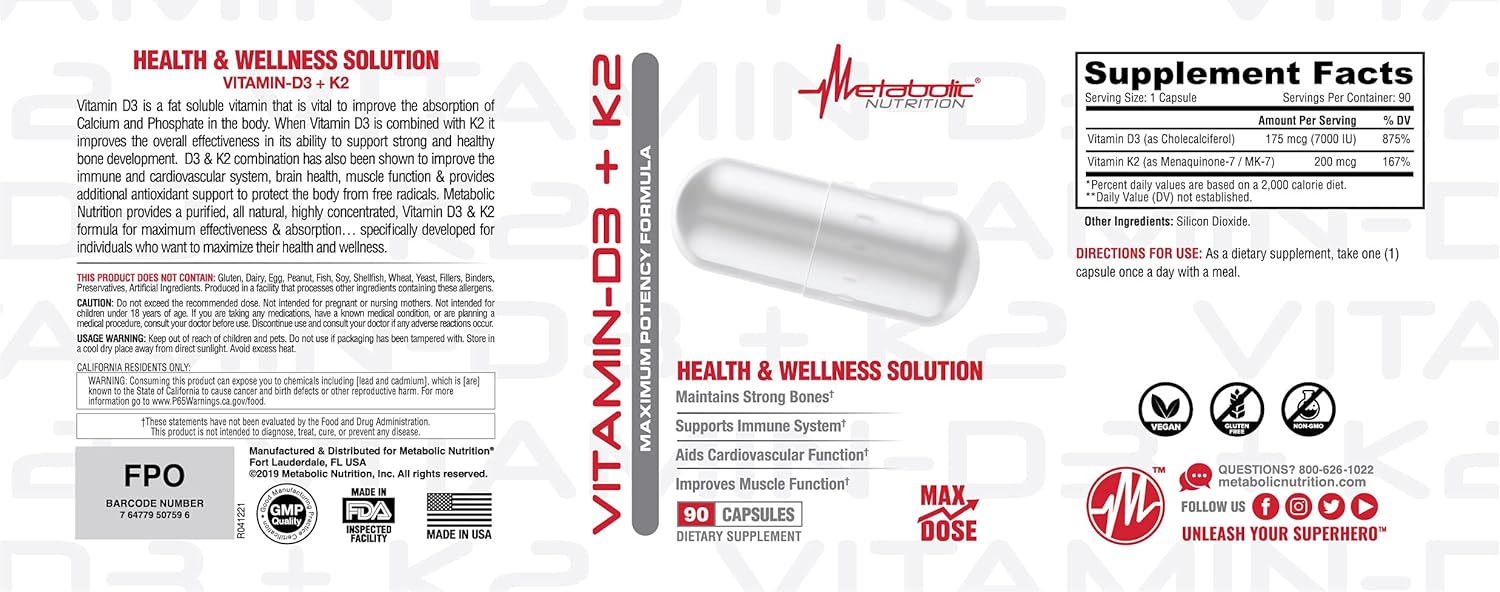 Metabolic Nutrition Vitamin D3 + K2 Supplement Facts & Ingredients Label 90 Capsules | Tigerfitness.com