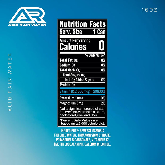 Acid Rain Water B12 RTD bottle back label showing Nutrition Facts and ingredients for hydration and vitamin B12 support | TigerFitness.com