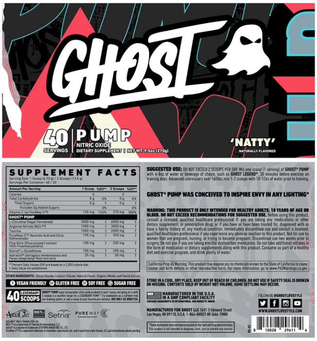 GHOST Pump V2 Natty Supplement Facts Label – Ingredients & Nutrition | TigerFitness