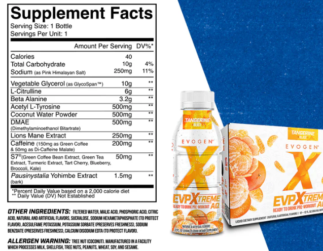 Evogen Nutrition EVP Xtreme AQ RTD Pre-Workout Supplement Facts Tangerine Blast | TigerFitness.com