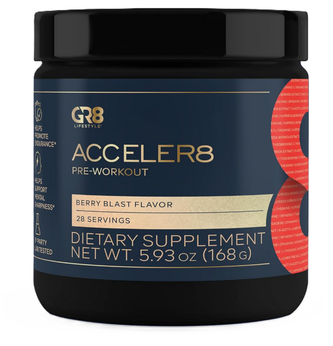 GR8 Lifestyle Acceler8 Pre Workout Front Label – Explosive Energy & Endurance Supplement