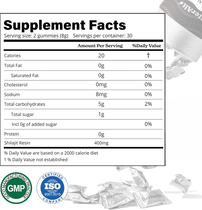 BetterAlt Shilajit Gummies – Supplement Facts and Ingredients Panel 60 Count