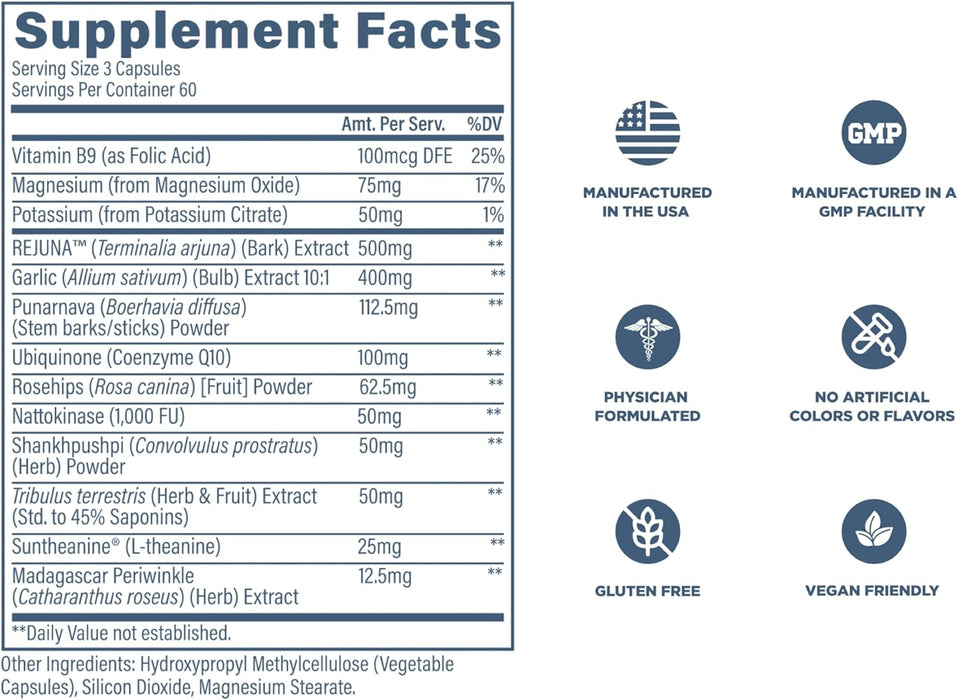 Revive MD Blood Pressure Supplement ingredient panel showing vitamins, minerals, and herbal compounds for heart and blood pressure support.
