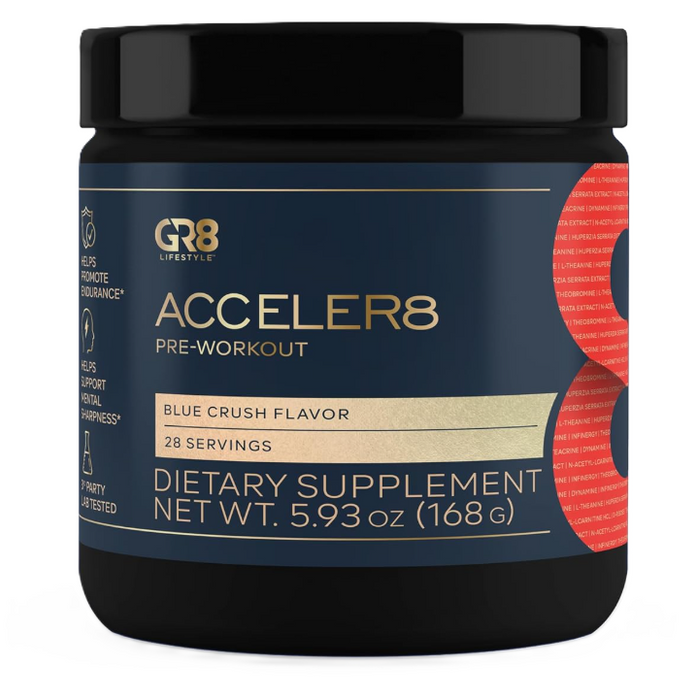 GR8 Lifestyle Acceler8 Pre Workout Front Label – Energy, Focus & Performance Booster