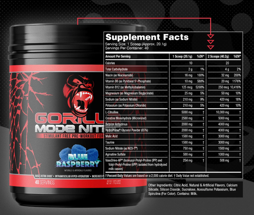 Gorilla Mind Gorilla Mode Nitric Blue Raspberry Supplement Facts and Ingredients Label | TigerFitnes