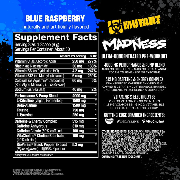 Supplement Facts Blue Raspberry – MUTANT Madness Ingredients – TigerFitness