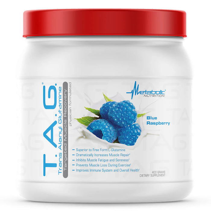 Metabolic Nutrition T.A.G. Bottle Front Blue Raspberry – Trans-Alanyl-Glutamine Formula for Muscle Recovery, Endurance & Hydration | TigerFitness