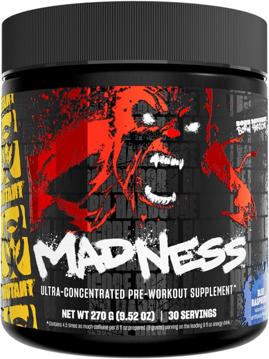 MUTANT Madness Pre-Workout Blue Raspberry 30 Servings – High-Stim Energy & Focus Formula – TigerFitness