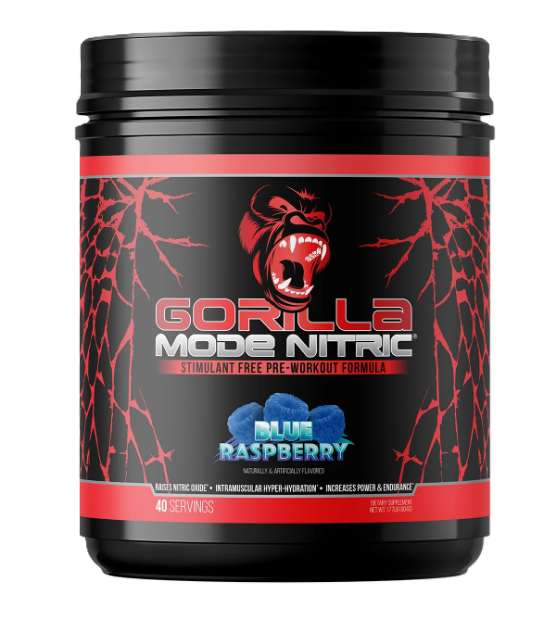 Gorilla Mind Gorilla Mode Nitric Blue Raspberry Stim-Free Pre-Workout Front 40 Servings | Nitric Oxide & Performance Formula | TigerFitness