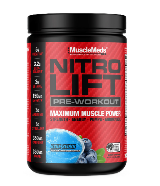 MuscleMeds Nitro Lift Pre-Workout 40 Servings, Blue Slush | Strength, Energy & Performance Formula | Tigerfitness.com