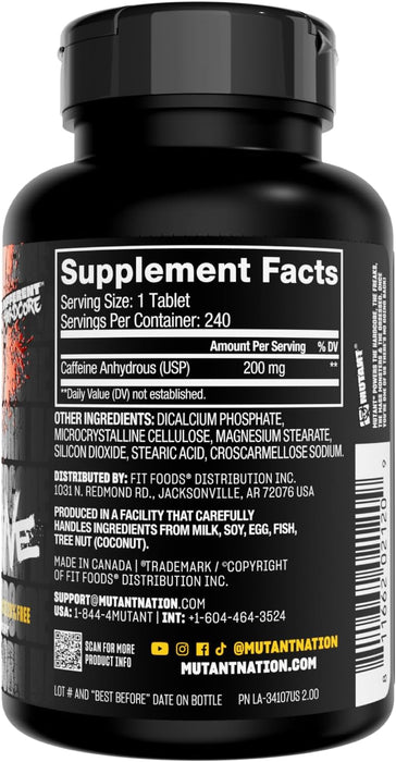 Supplement Facts – 240 Tablets MUTANT Caffeine Ingredients – TigerFitness