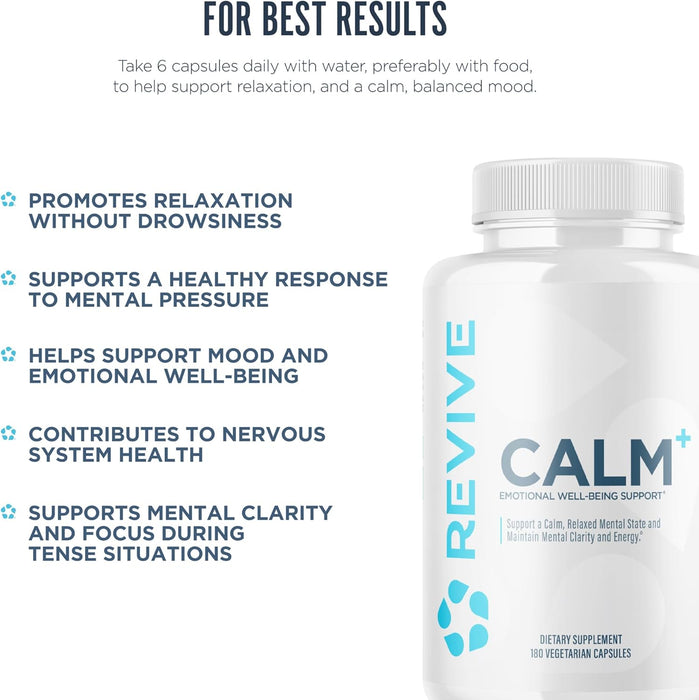 Revive MD Calm capsules shown in a calming lifestyle scene – non-drowsy stress management and mood enhancement supplement