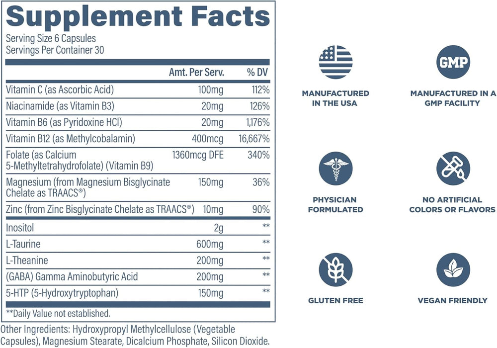 Revive MD Calm Supplement Facts showing doses of L-Theanine, GABA, 5-HTP, and mood supporting ingredients.