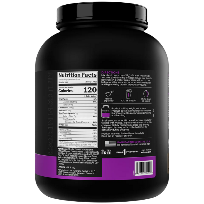 Rule One Casein Cookies & Creme 4 lb supplement facts panel showing protein content