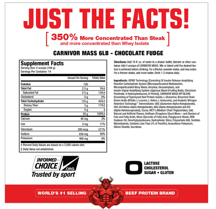 MuscleMeds Carnivor Mass Supplement Facts & Ingredients Label – Beef Protein Mass Gainer Nutrition Panel | Tigerfitness.com