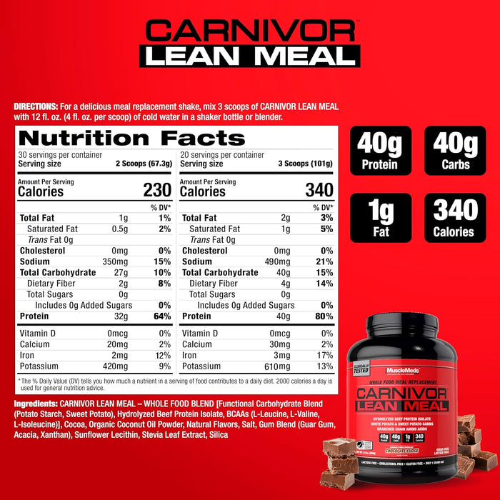 MuscleMeds Carnivor Lean Meal Chocolate Fudge 4 lb | Supplement Facts & Ingredients Label | Tigerfitness.com