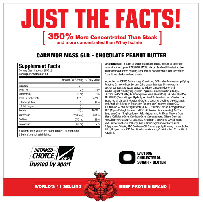 MuscleMeds Carnivor Mass Supplement Facts & Ingredients Label Chocolate Peanut Butter  | Beef Protein Mass Gainer Nutrition Panel | Tigerfitness.com