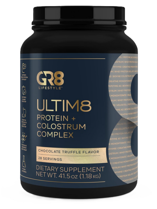 GR8 Lifestyle Ultim8 Protein & Colostrum Complex Front Label – Chocolate Truffle – Muscle, Recovery & Immune Support