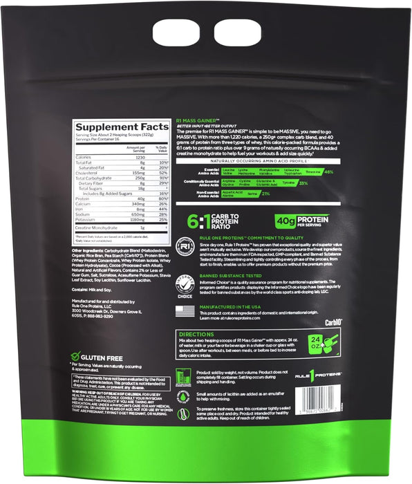Rule One Mass Gainer high calorie protein powder, Chocolate Peanut Butter flavor, 16 servings Supplement Facts 