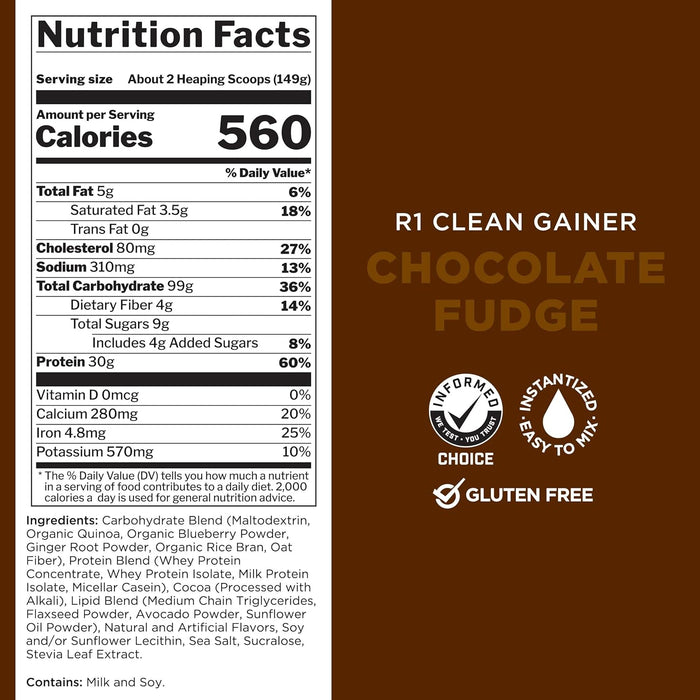 Rule 1 Clean Gainer supplement facts panel showing calories protein and carbs 30 Servings Chocolate Fudge
