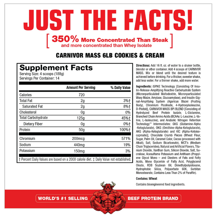 MuscleMeds Carnivor Mass Supplement Facts & Ingredients Label Cookies and Cream | Beef Protein Mass Gainer Nutrition Panel | Tigerfitness.com