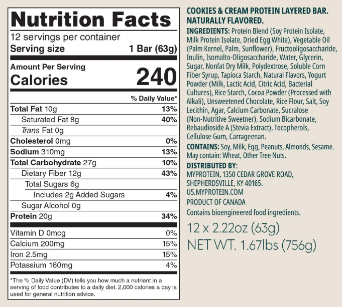 Myprotein Crispy Layered Protein Bars 12 Pack Nutrition Facts, Ingredients, and Supplement Label Cookie & Cream