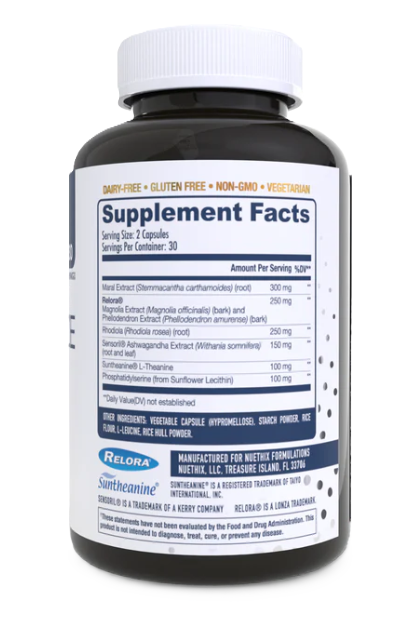 NuEthix Cort-Eaze Supplement Facts & Ingredients Label for Cortisol & Stress Balance 60 Capsules | Tigerfitness.com