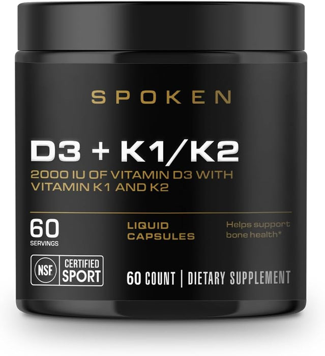 Spoken Nutrition D3 + K1/K2 60ct front label – vitamin D3 with K1 and K2 for bone, heart, and immune support.