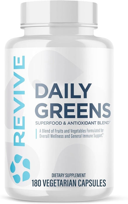 Revive MD Daily Greens 180 Vegetarian Capsules – superfood and antioxidant supplement with digestive enzymes, prebiotics, and probiotics