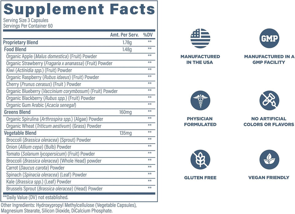 Revive MD Daily Greens Supplement Facts  180 Capsules showing superfood blend, digestive enzymes, prebiotics, and probiotics per serving.