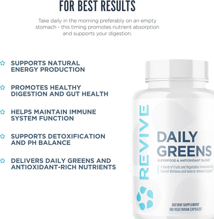 Revive MD Daily Greens bottle displayed in a wellness setting 180 Capsules – supports gut health, digestion, and immune function.