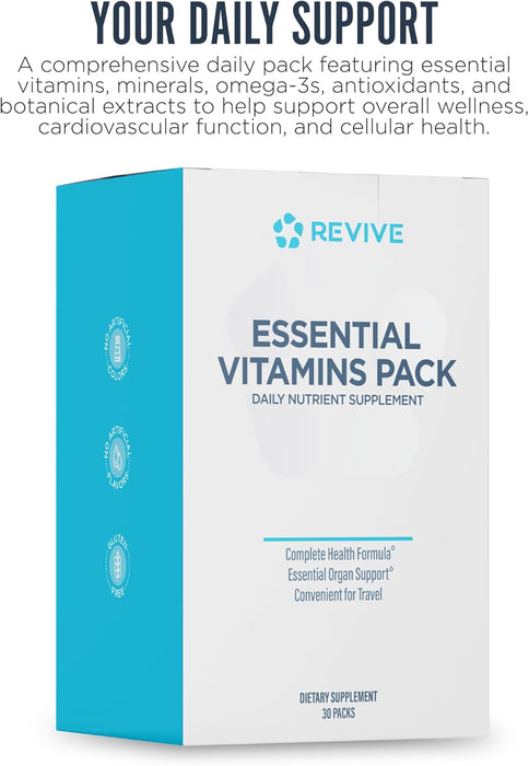 Revive MD Essential Vitamin 30 Packets – supports heart health, organ function, and daily nutrition.