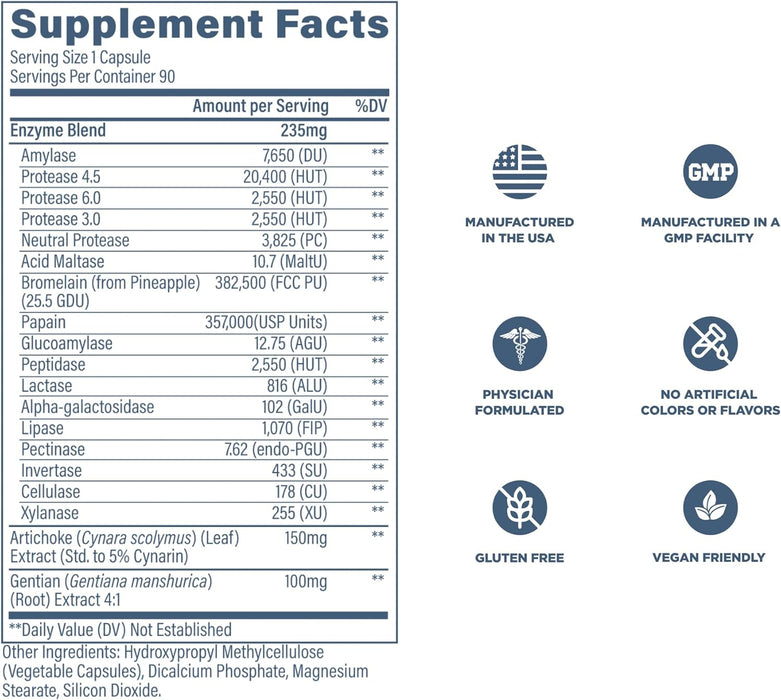 Revive MD Digest AID supplement facts panel showing comprehensive digestive enzyme blend 90 Capsules