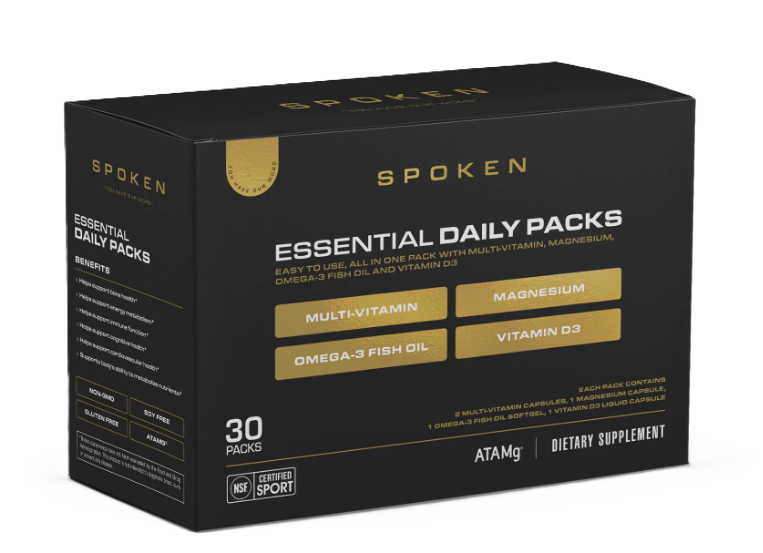 Spoken Nutrition Essential Daily Packs front 30 Packs – complete daily wellness packs for athletes with multi, omega, D3/K2, and magnesium.
