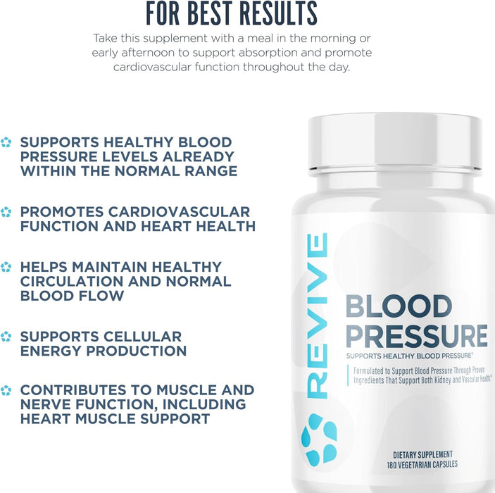 Revive MD Blood Pressure bottle displayed in a wellness setting – daily cardiovascular and circulatory health support.