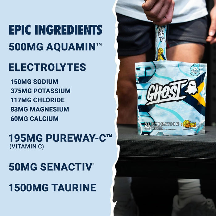 GHOST Hydration supplement facts label showing electrolytes and absorption ingredients