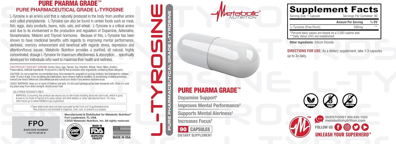 Supplement Facts 90 Capsules – Metabolic Nutrition L-Tyrosine Ingredients – TigerFitness