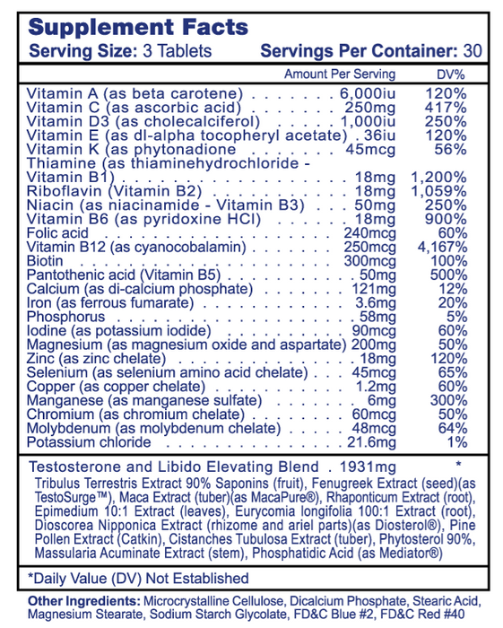 Supplement facts panel of Hi-Tech Pharmaceuticals Testovite natural testosterone booster and daily multivitamin support formula – TigerFitness.com