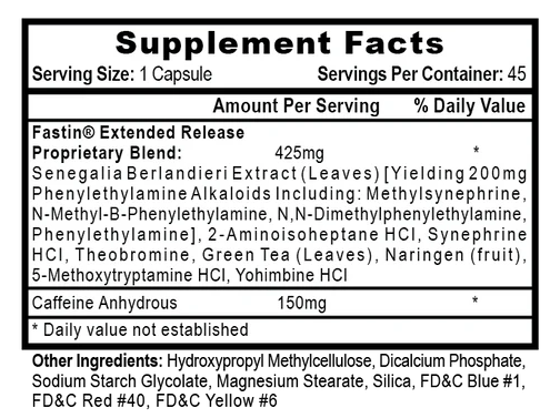 Supplement facts panel of Hi-Tech Pharmaceuticals Fastin-XR thermogenic fat burner and energy supplement formula – TigerFitness.com