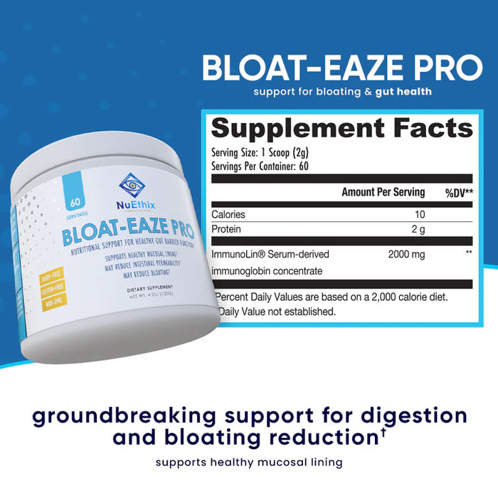 NuEthix Bloat-Eaze Pro Supplement Facts & Ingredients Label for Digestive Health & Bloating Relief 60 Servings | 